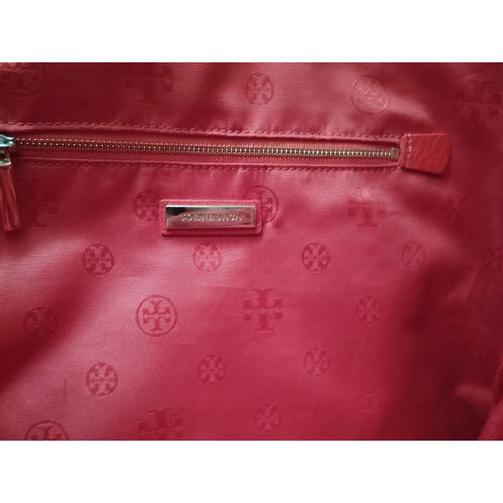 Tory Burch Tote Bag Large Red Pebbled Leather Shoulder Handbag Gold Logo Slouchy - Picture 2 of 6